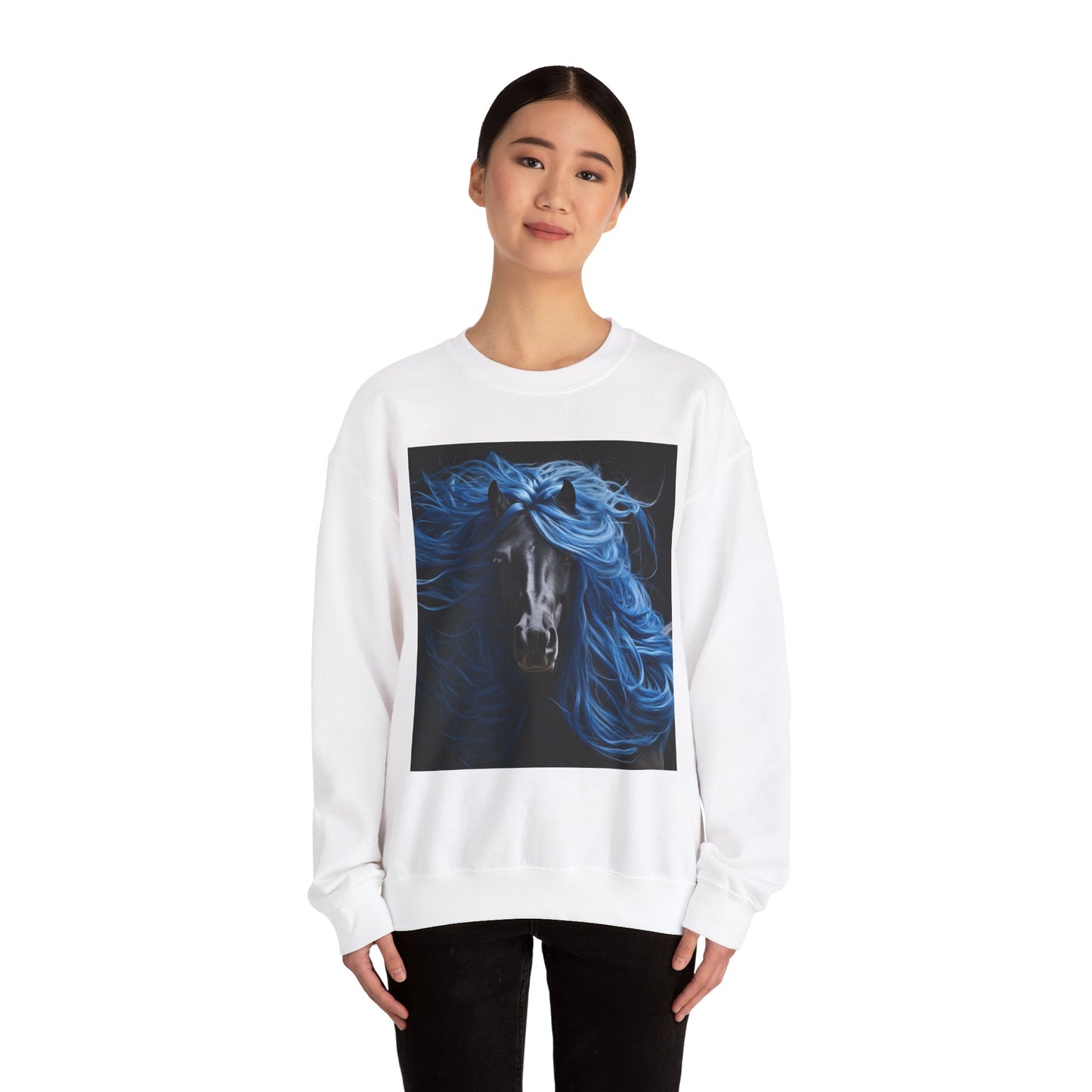 Black Horse with Blue Silky Hair Sweatshirt_Unisex Heavy Blend™ Crewneck Sweatshirt
