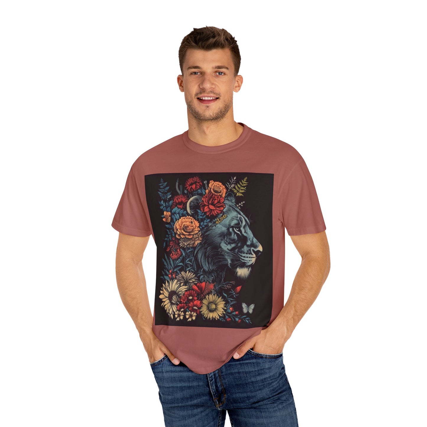 Lion with Floral Head Dress- Unisex Garment-Dyed T-shirt