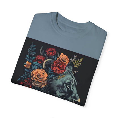 Lion with Floral Head Dress- Unisex Garment-Dyed T-shirt