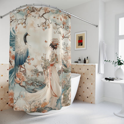 Elegant Floral Shower Curtain with Crane Design - Japanese Aesthetic Bathroom Decor