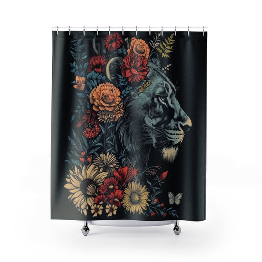 Lion Head with Flowers -  Shower Curtain - Vintage Rose Design for Bathroom Decor