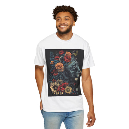 Lion with Floral Head Dress- Unisex Garment-Dyed T-shirt