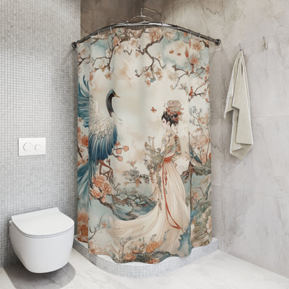 Elegant Floral Shower Curtain with Crane Design - Japanese Aesthetic Bathroom Decor