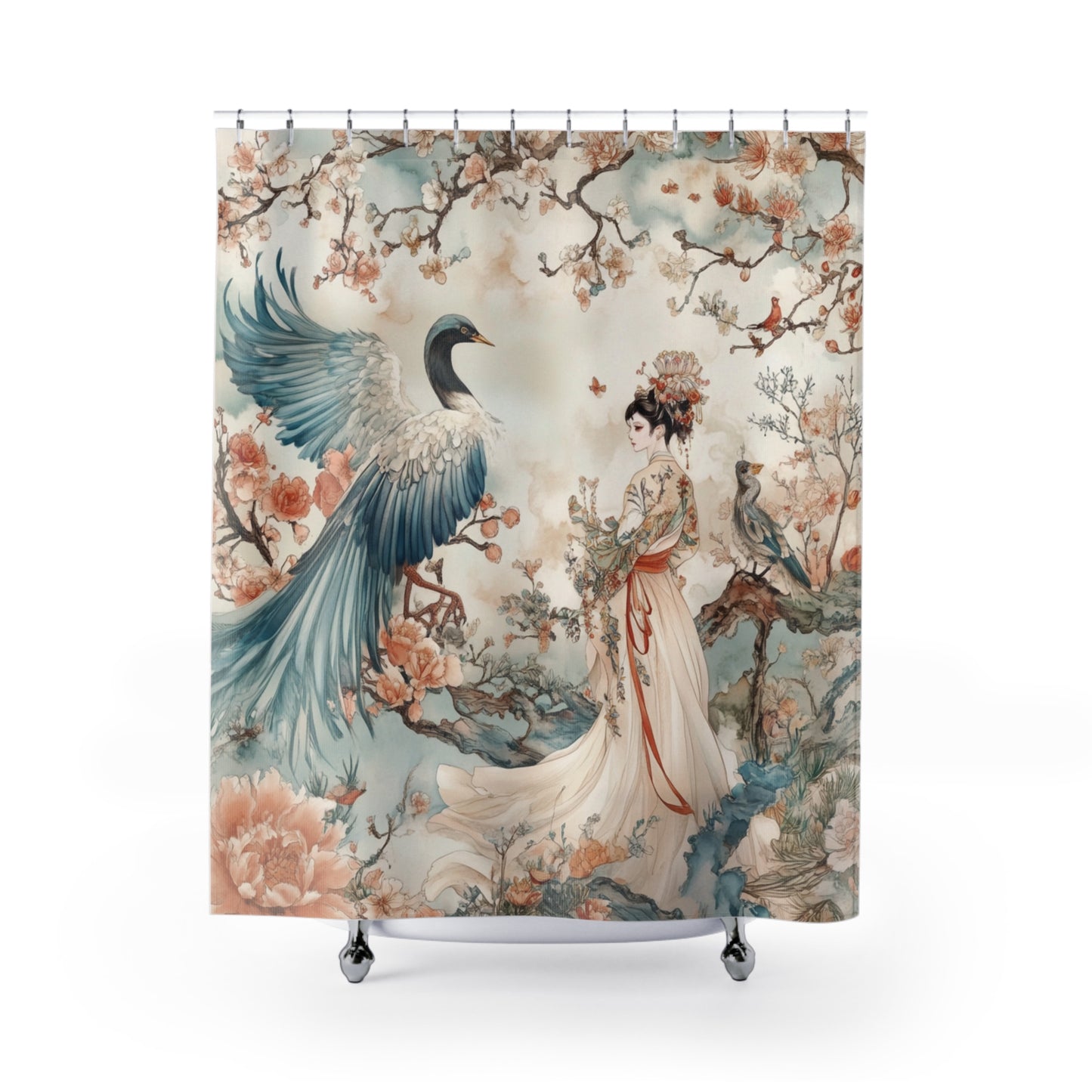 Elegant Floral Shower Curtain with Crane Design - Japanese Aesthetic Bathroom Decor