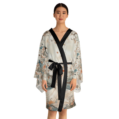 Elegant Long Sleeve Kimono Robe with Floral and Crane Design - Perfect for Relaxation and Special Occasions