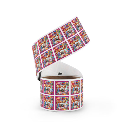 Festive Animal Party Square Sticker Label Rolls - Perfect for Birthdays and Celebrations -Pink Border