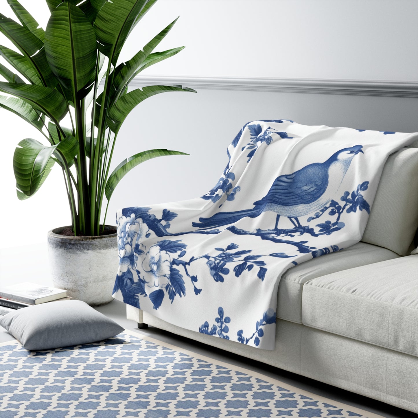Cozy Sherpa Fleece Blanket with Floral Bird Design - Chinoiserie Aesthetic