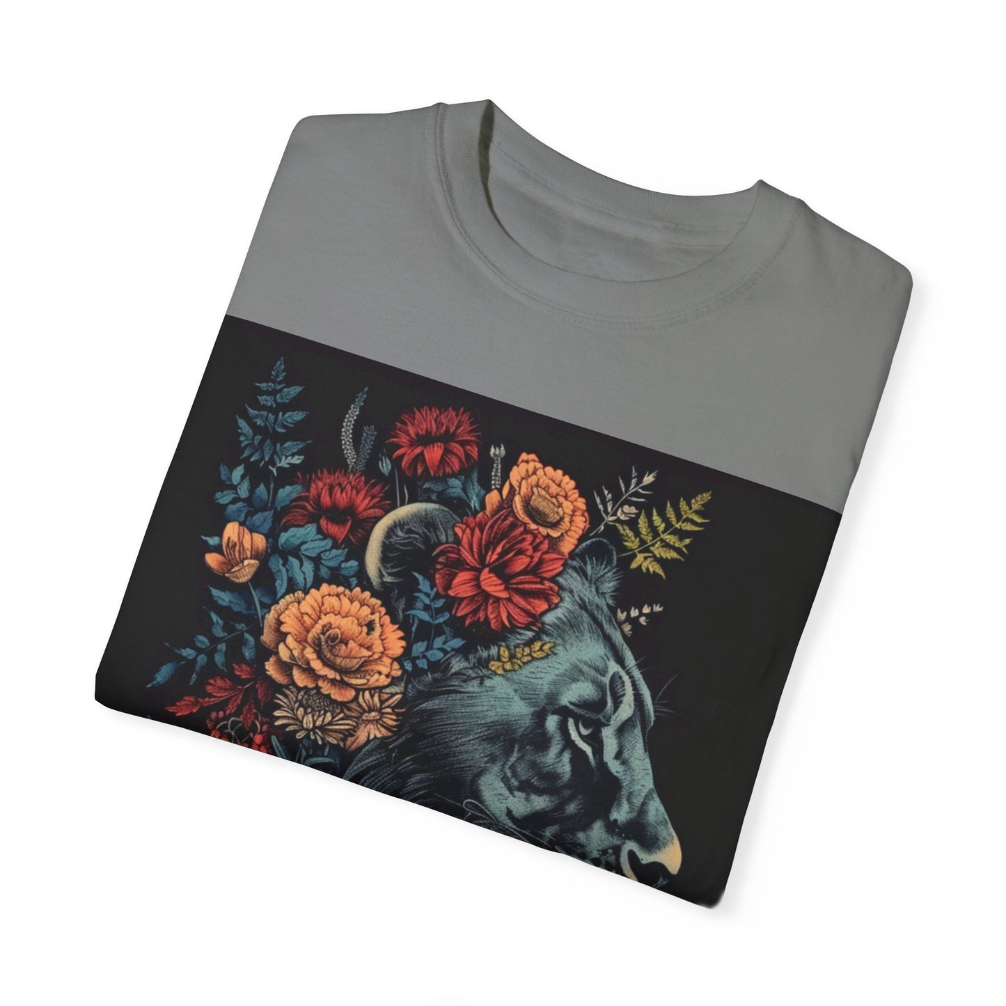 Lion with Floral Head Dress- Unisex Garment-Dyed T-shirt