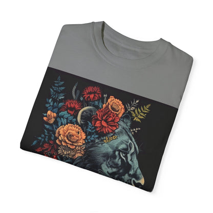 Lion with Floral Head Dress- Unisex Garment-Dyed T-shirt