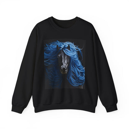 Black Horse with Blue Silky Hair Sweatshirt_Unisex Heavy Blend™ Crewneck Sweatshirt