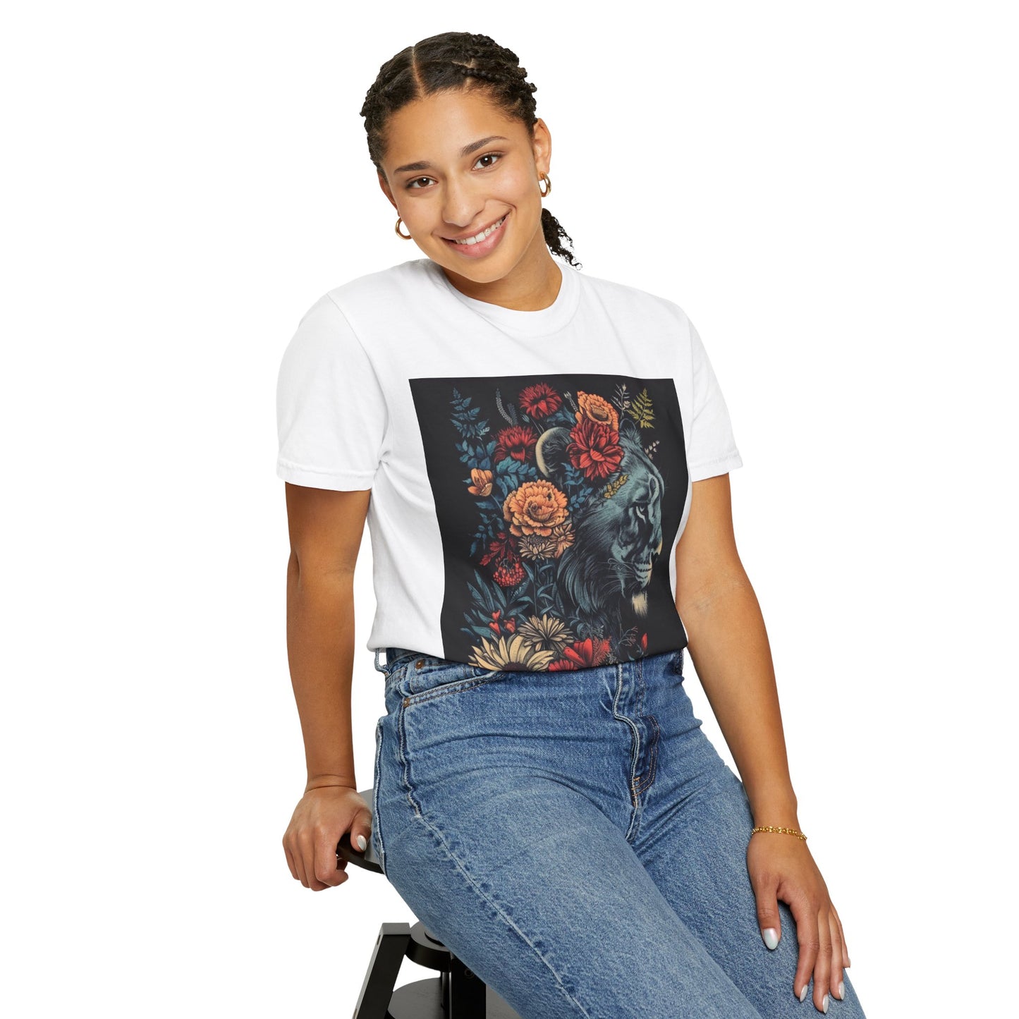 Lion with Floral Head Dress- Unisex Garment-Dyed T-shirt