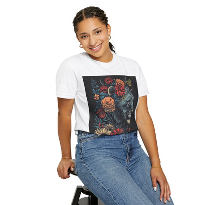 Lion with Floral Head Dress- Unisex Garment-Dyed T-shirt