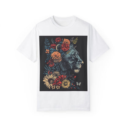 Lion with Floral Head Dress- Unisex Garment-Dyed T-shirt