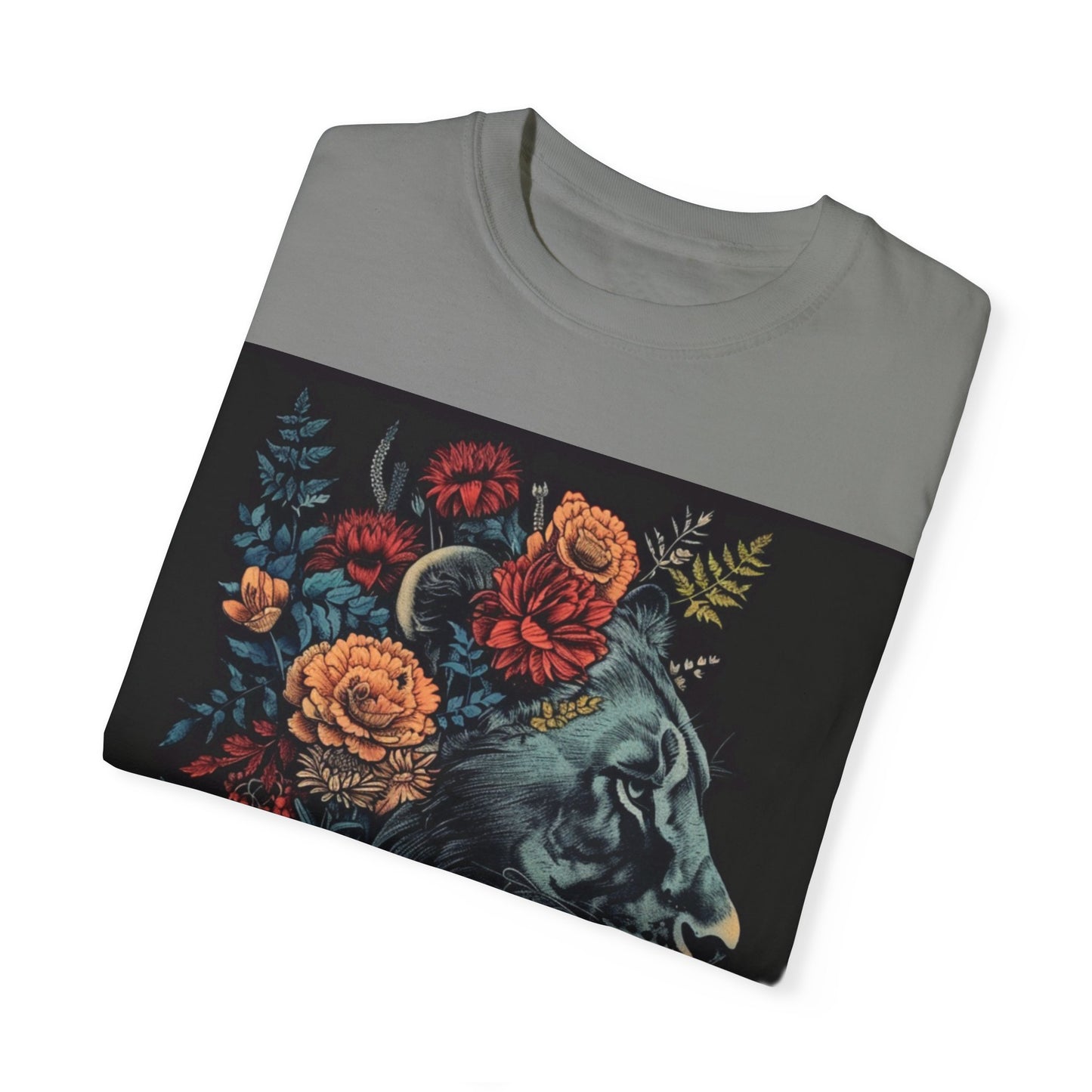 Lion with Floral Head Dress- Unisex Garment-Dyed T-shirt