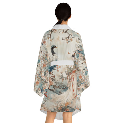 Elegant Long Sleeve Kimono Robe with Floral and Crane Design - Perfect for Relaxation and Special Occasions