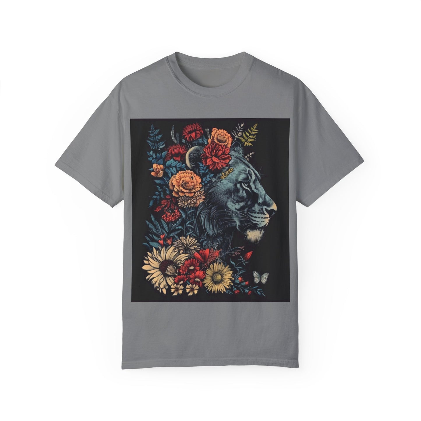 Lion with Floral Head Dress- Unisex Garment-Dyed T-shirt