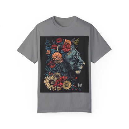 Lion with Floral Head Dress- Unisex Garment-Dyed T-shirt