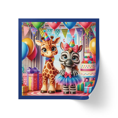 Festive Animal Party Square Sticker Label Rolls - Perfect for Birthdays and Celebrations - Blue Border