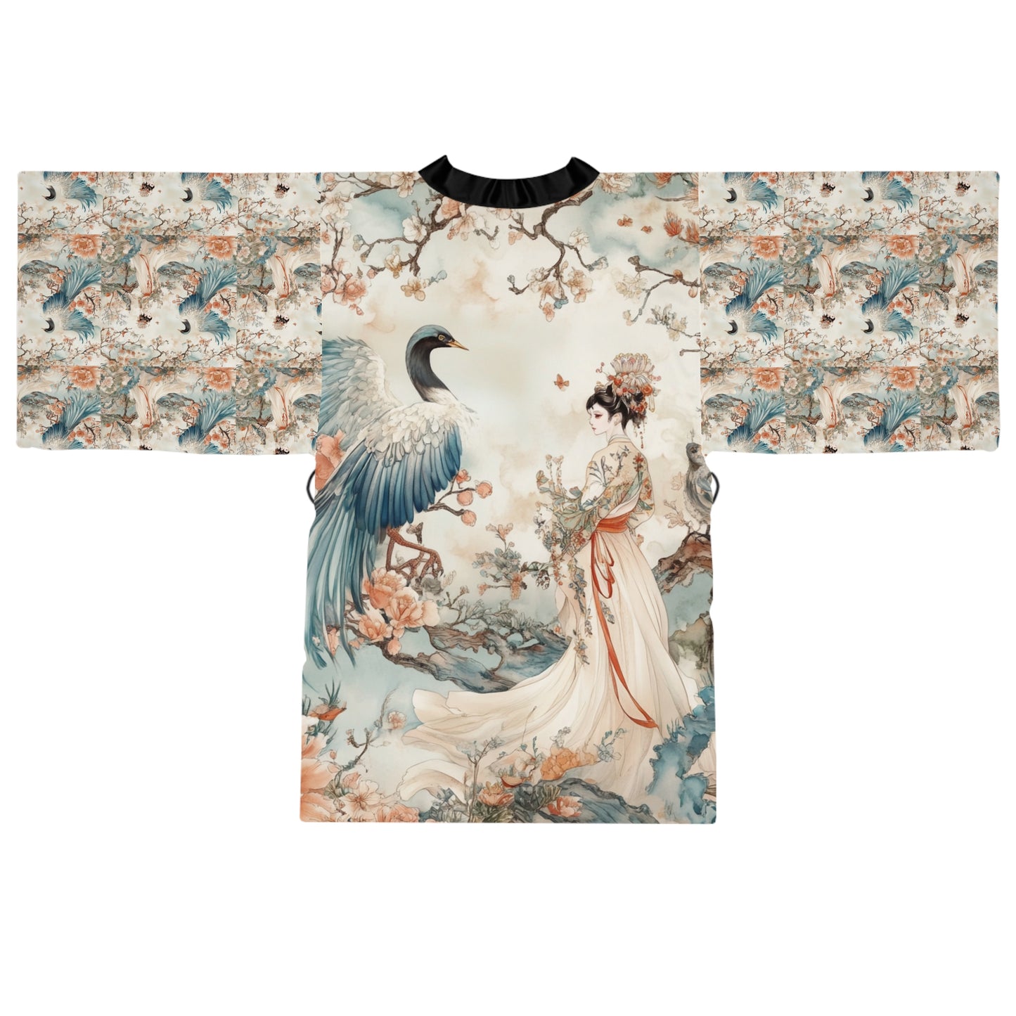Elegant Long Sleeve Kimono Robe with Floral and Crane Design - Perfect for Relaxation and Special Occasions