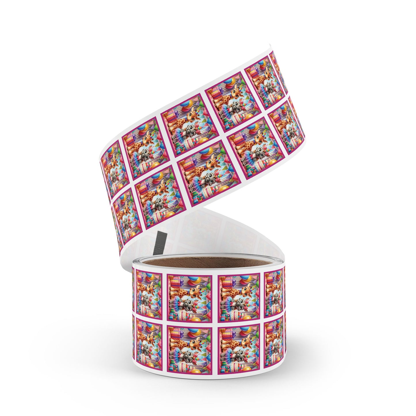 Festive Animal Party Square Sticker Label Rolls - Perfect for Birthdays and Celebrations -Pink Border
