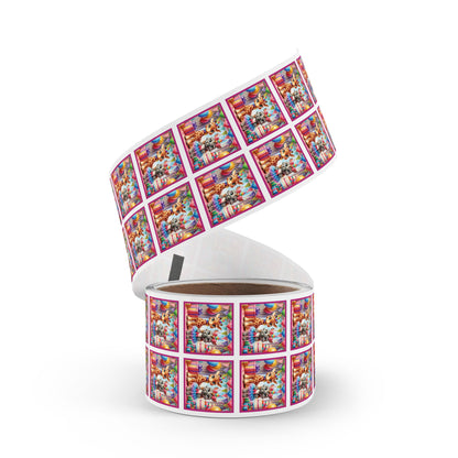 Festive Animal Party Square Sticker Label Rolls - Perfect for Birthdays and Celebrations -Pink Border