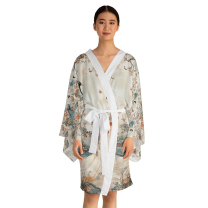 Elegant Long Sleeve Kimono Robe with Floral and Crane Design - Perfect for Relaxation and Special Occasions