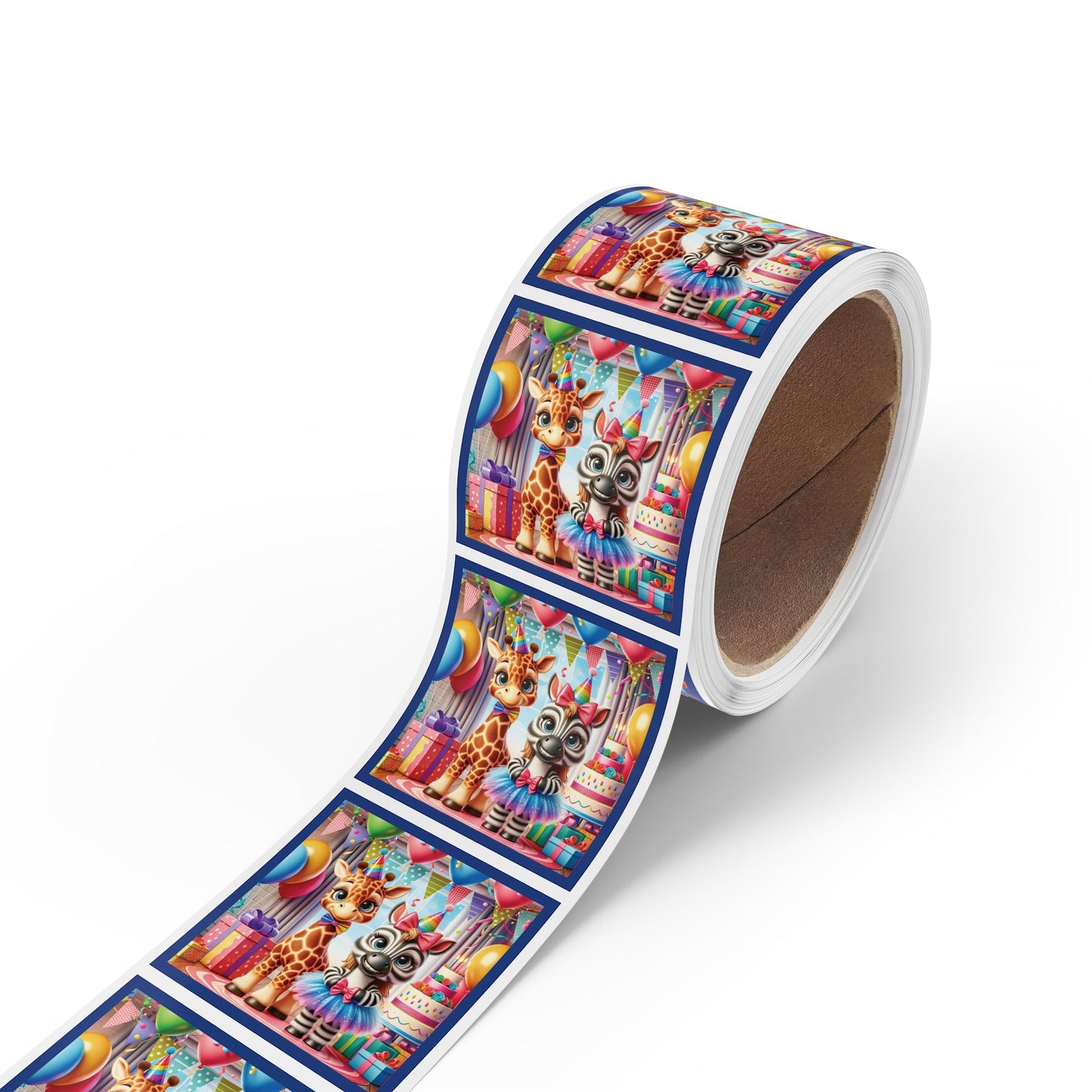 Festive Animal Party Square Sticker Label Rolls - Perfect for Birthdays and Celebrations -Pink Border