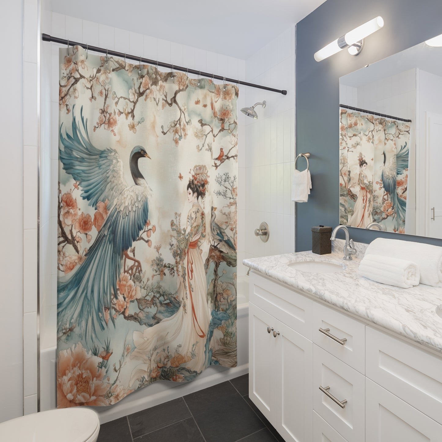 Elegant Floral Shower Curtain with Crane Design - Japanese Aesthetic Bathroom Decor