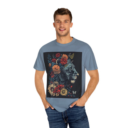 Lion with Floral Head Dress- Unisex Garment-Dyed T-shirt