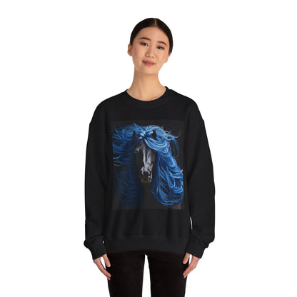 Black Horse with Blue Silky Hair Sweatshirt_Unisex Heavy Blend™ Crewneck Sweatshirt