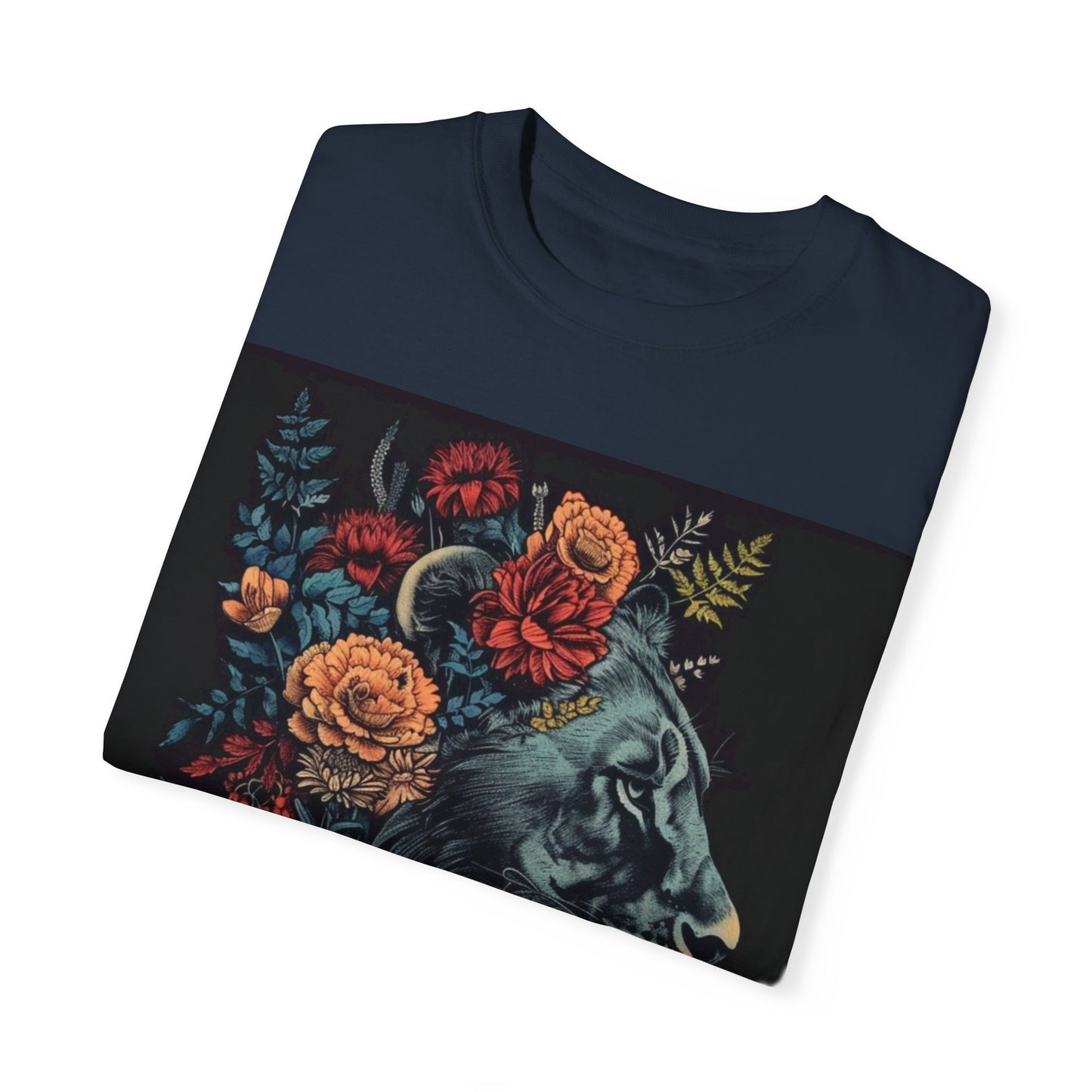 Lion with Floral Head Dress- Unisex Garment-Dyed T-shirt