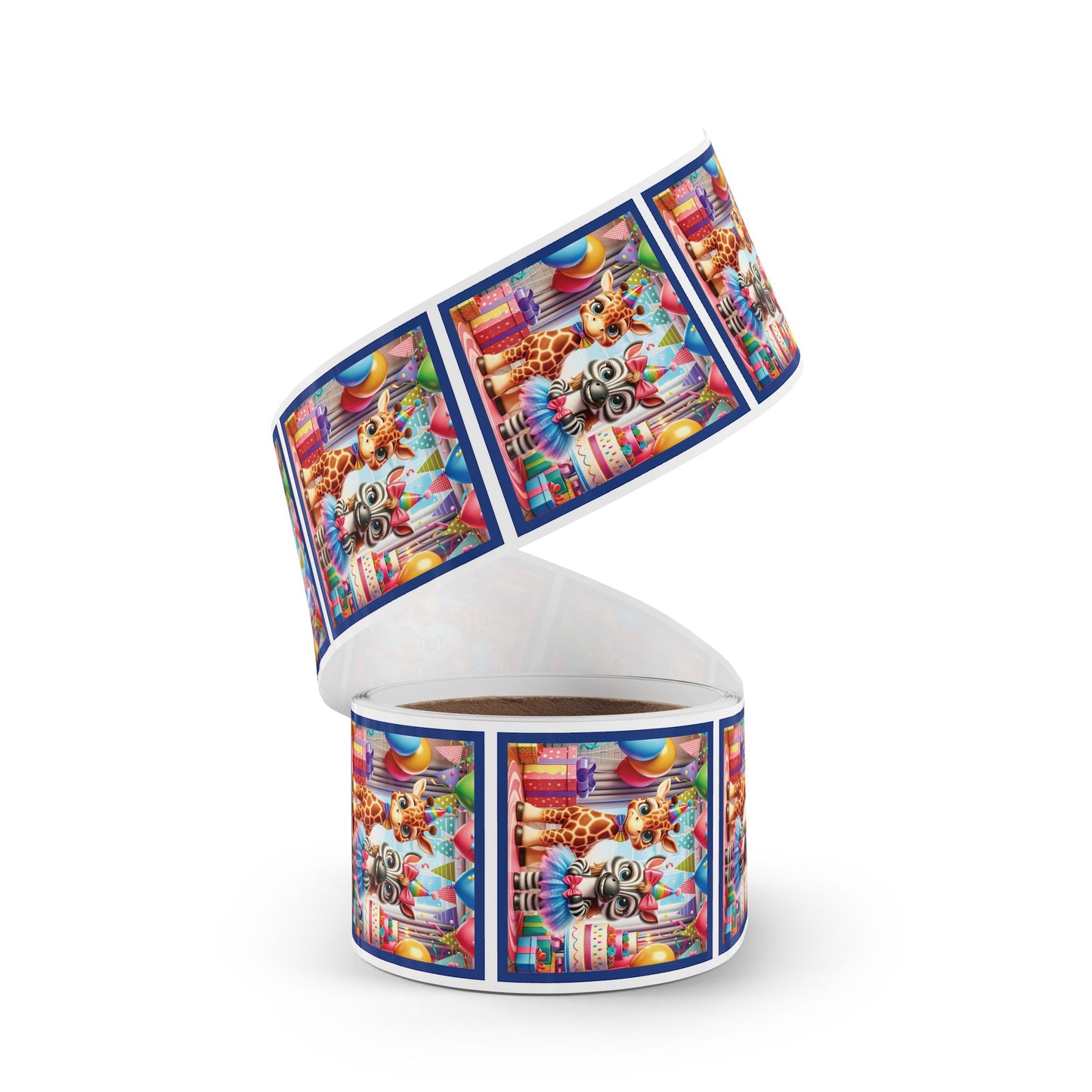 Festive Animal Party Square Sticker Label Rolls - Perfect for Birthdays and Celebrations - Blue Border