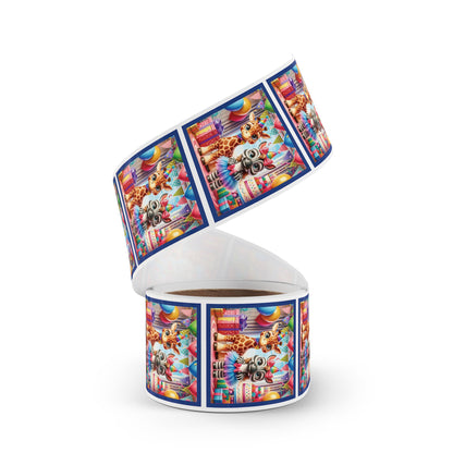 Festive Animal Party Square Sticker Label Rolls - Perfect for Birthdays and Celebrations - Blue Border