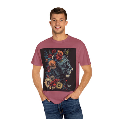 Lion with Floral Head Dress- Unisex Garment-Dyed T-shirt