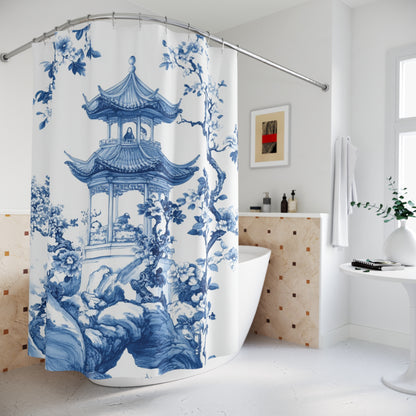 Elegant Blue Floral Shower Curtain - Zen Inspired Bathroom Decor - Chinoiserie Aesthetic
