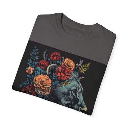 Lion with Floral Head Dress- Unisex Garment-Dyed T-shirt