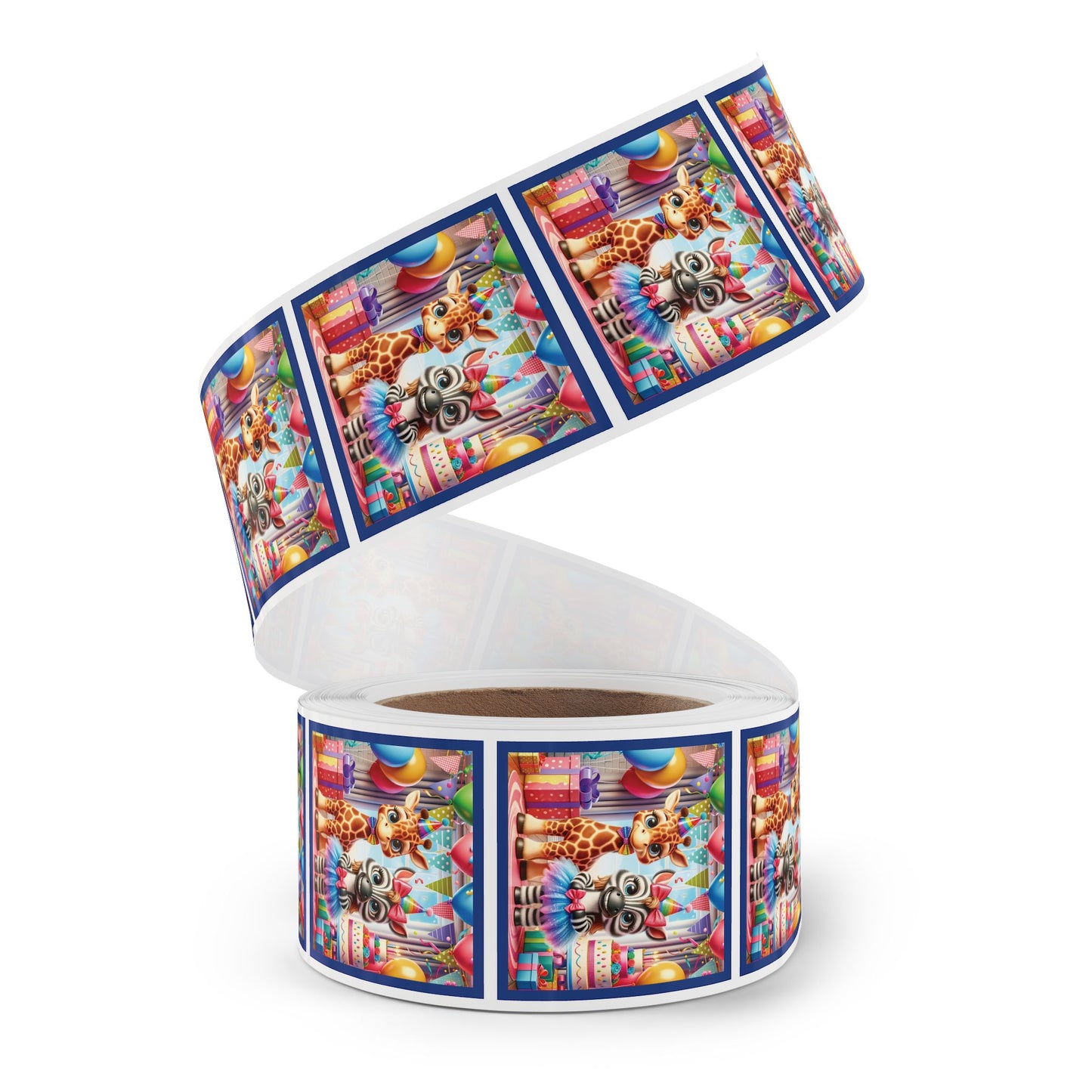 Festive Animal Party Square Sticker Label Rolls - Perfect for Birthdays and Celebrations - Blue Border