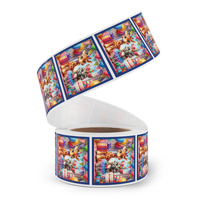 Festive Animal Party Square Sticker Label Rolls - Perfect for Birthdays and Celebrations - Blue Border