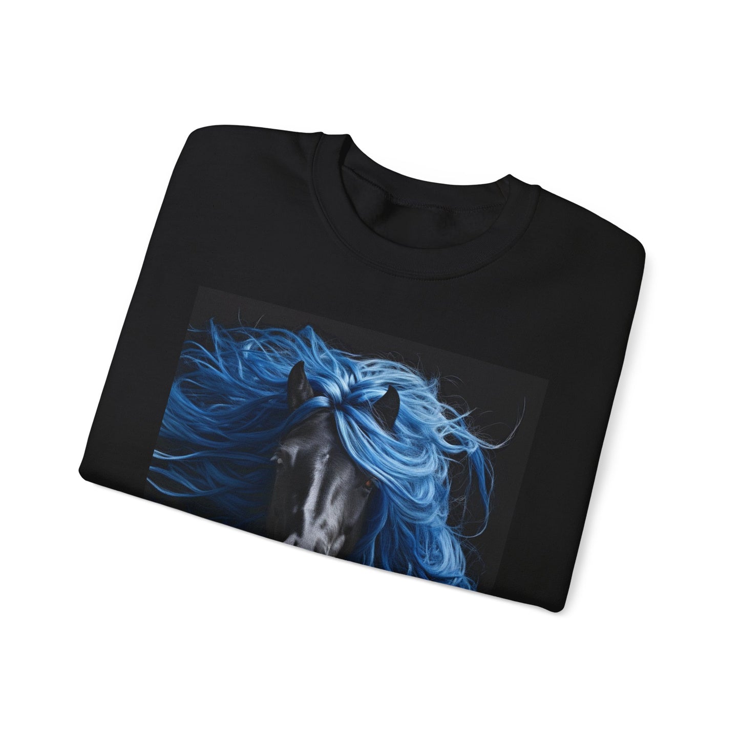 Black Horse with Blue Silky Hair Sweatshirt_Unisex Heavy Blend™ Crewneck Sweatshirt