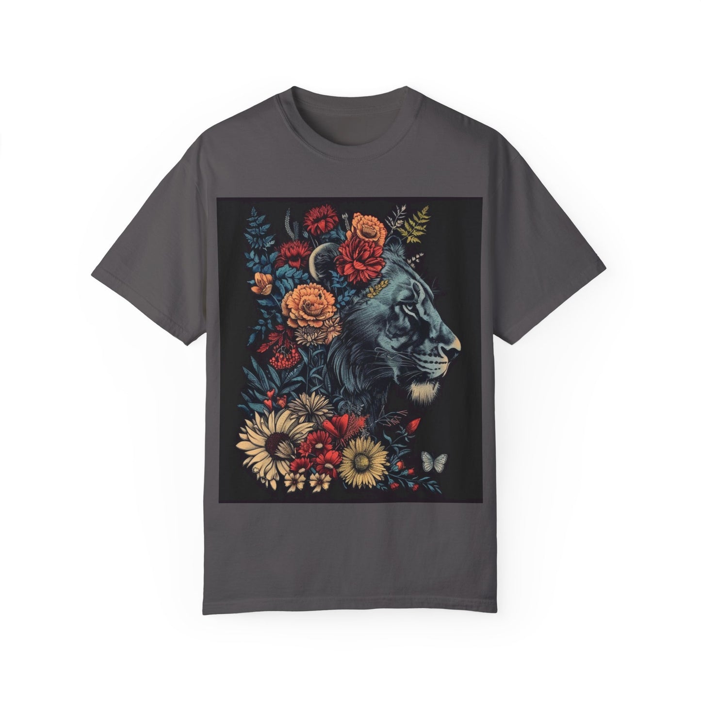 Lion with Floral Head Dress- Unisex Garment-Dyed T-shirt
