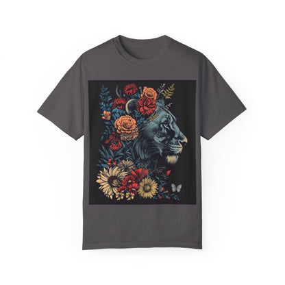 Lion with Floral Head Dress- Unisex Garment-Dyed T-shirt