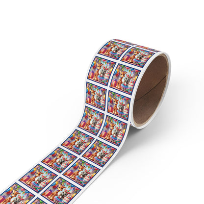 Festive Animal Party Square Sticker Label Rolls - Perfect for Birthdays and Celebrations - Blue Border