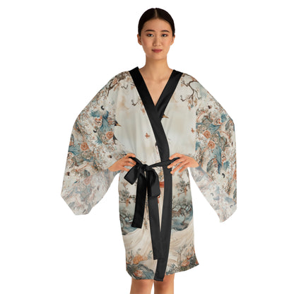 Elegant Long Sleeve Kimono Robe with Floral and Crane Design - Perfect for Relaxation and Special Occasions