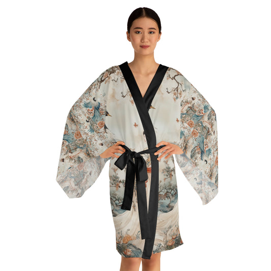 Elegant Long Sleeve Kimono Robe with Floral and Crane Design - Perfect for Relaxation and Special Occasions