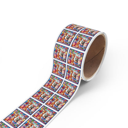 Festive Animal Party Square Sticker Label Rolls - Perfect for Birthdays and Celebrations - Blue Border