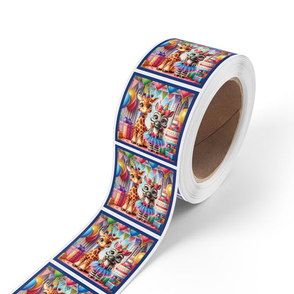 Festive Animal Party Square Sticker Label Rolls - Perfect for Birthdays and Celebrations - Blue Border