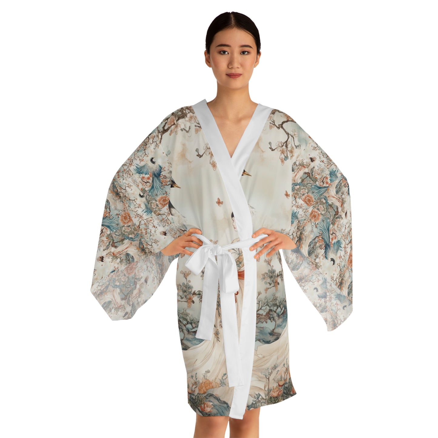 Elegant Long Sleeve Kimono Robe with Floral and Crane Design - Perfect for Relaxation and Special Occasions