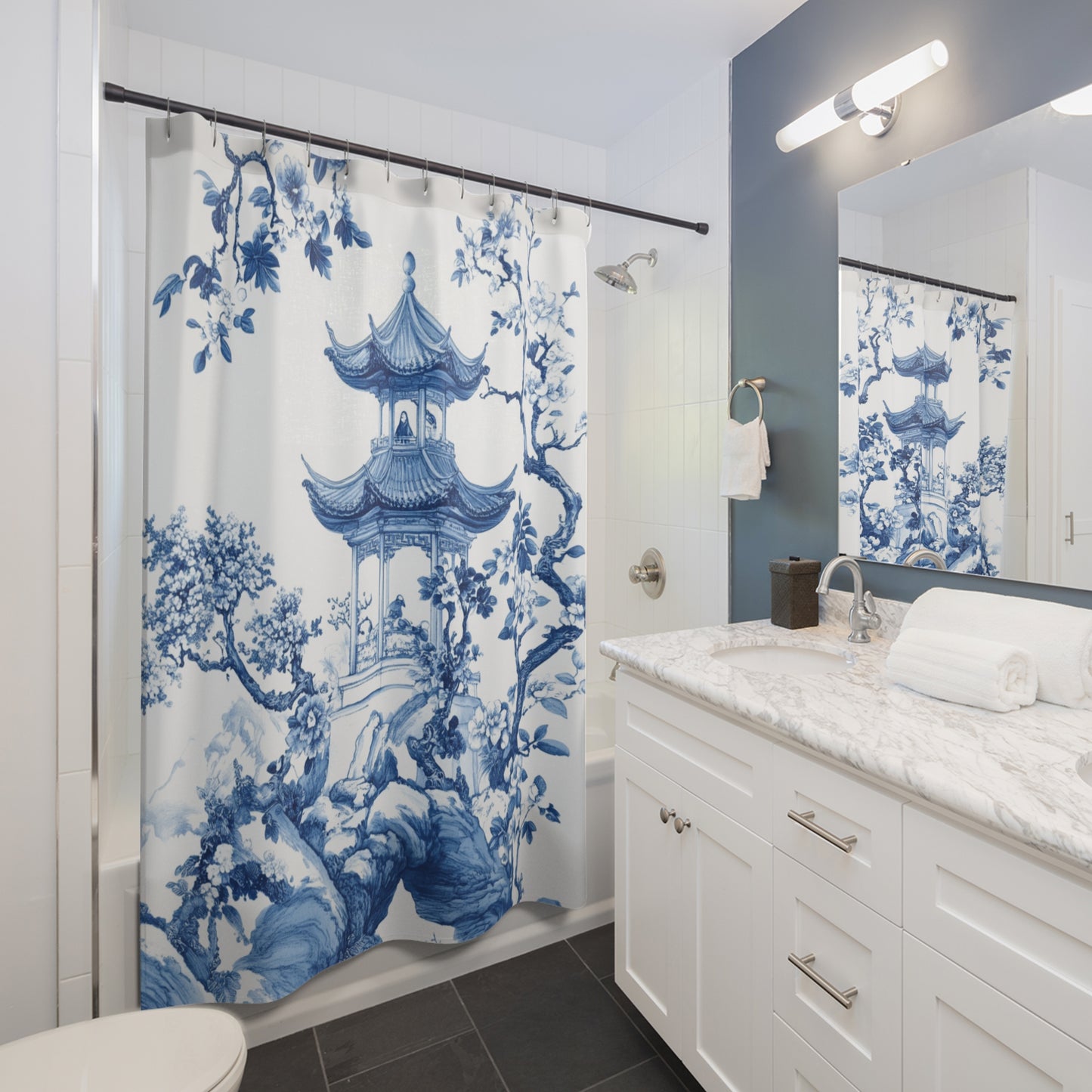 Elegant Blue Floral Shower Curtain - Zen Inspired Bathroom Decor - Chinoiserie Aesthetic
