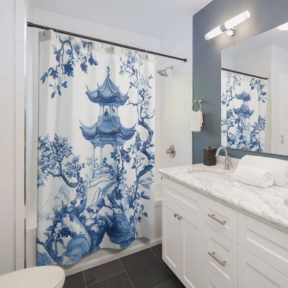 Elegant Blue Floral Shower Curtain - Zen Inspired Bathroom Decor - Chinoiserie Aesthetic