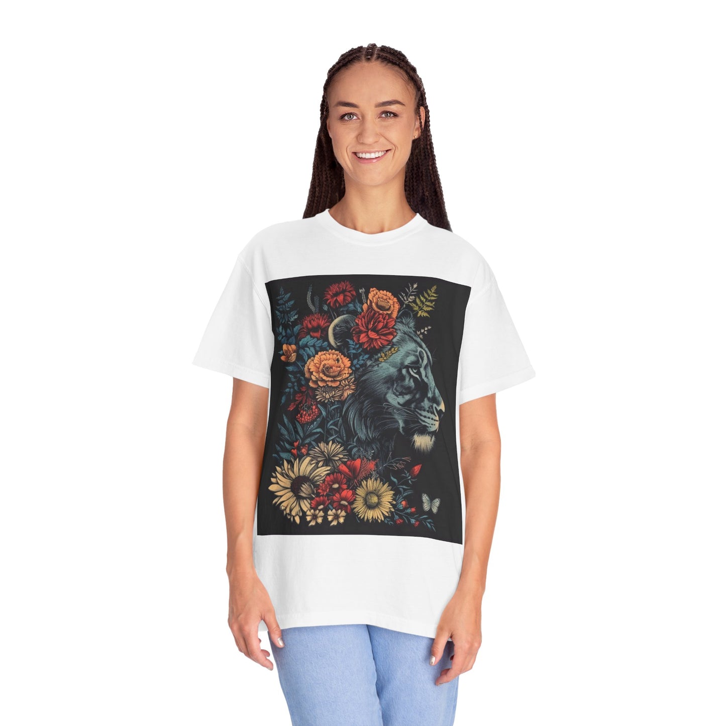Lion with Floral Head Dress- Unisex Garment-Dyed T-shirt